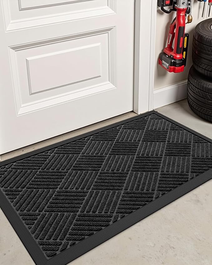 DEXI Front Door Mat Outside Entrance, 3x5 ft Rubber Entry Doormat Heavy Duty, Welcome Mats Non Slip for Inside House Floor Entryway Back Doors Exterior Patio, Diamond Black