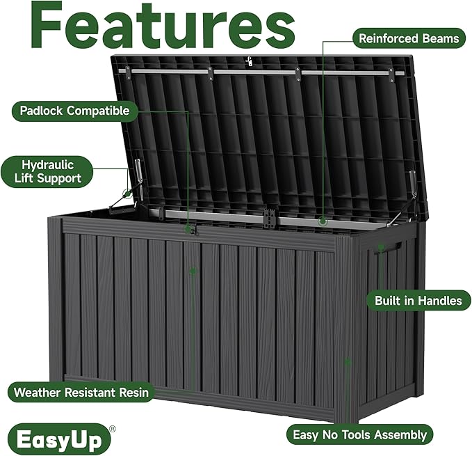 EasyUp 180 Gallon Outdoor Storage Box, Resin Waterproof UV-Resistant Deck Box with Hydraulic Lid Support, Reinforced Stability for Patio, Garden, and Poolside, Black
