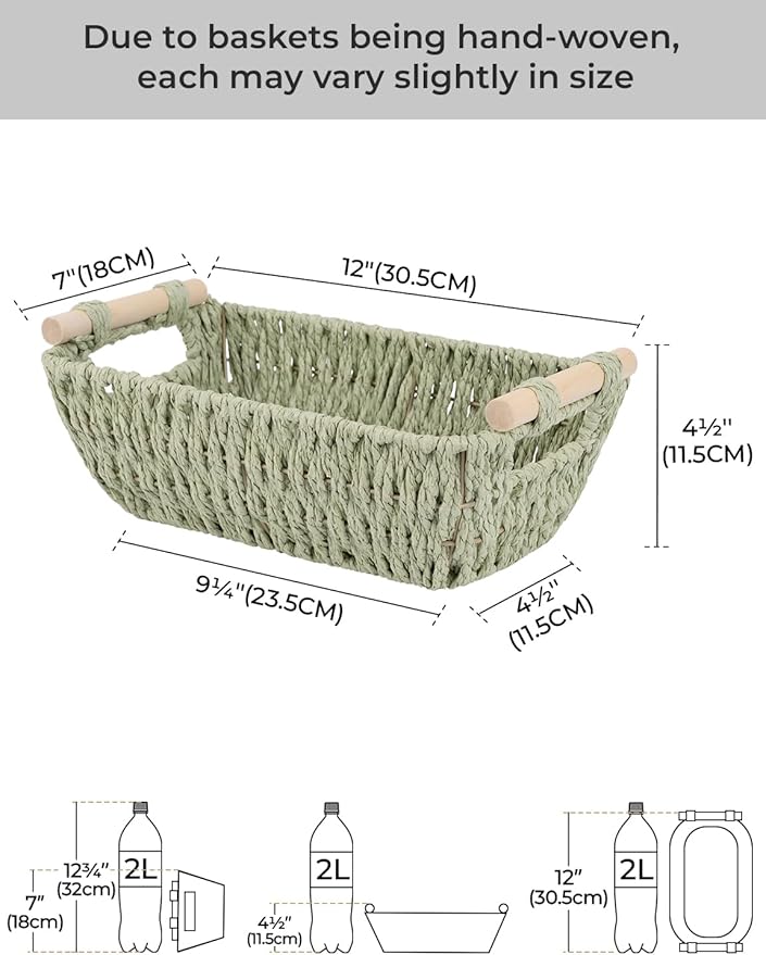 StorageWorks Round Paper Rope Woven Basket with Wooden Handles for Gifts, Small Woven Baskets for Shelf, Bosana Green, 2-Pack