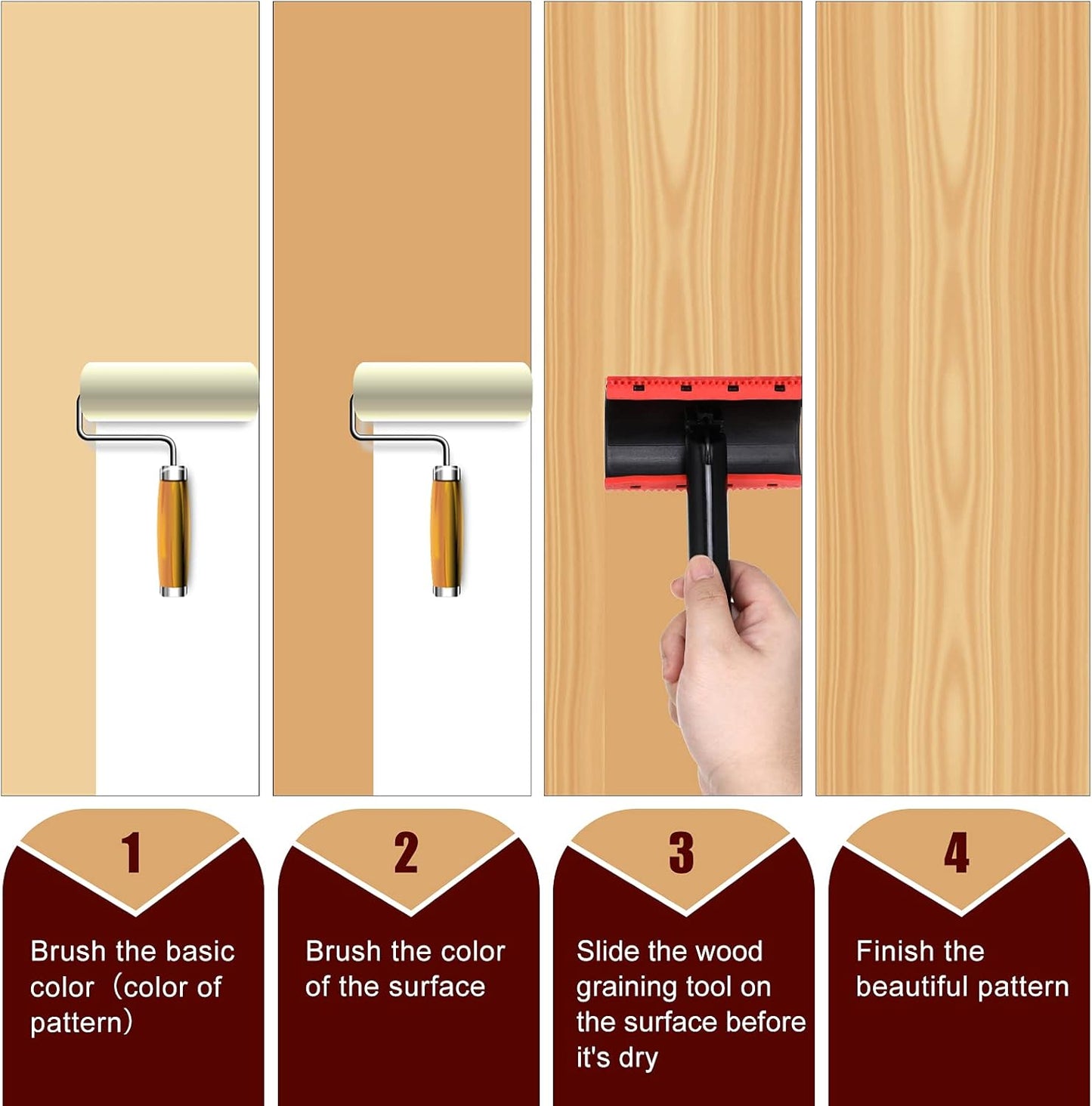 Honoson Set of 3 Wood Graining Tool Wood Graining Painting Tool Set DIY Texture Rubber Empaistic Roller for Household Wall Room Art Paint Decoration