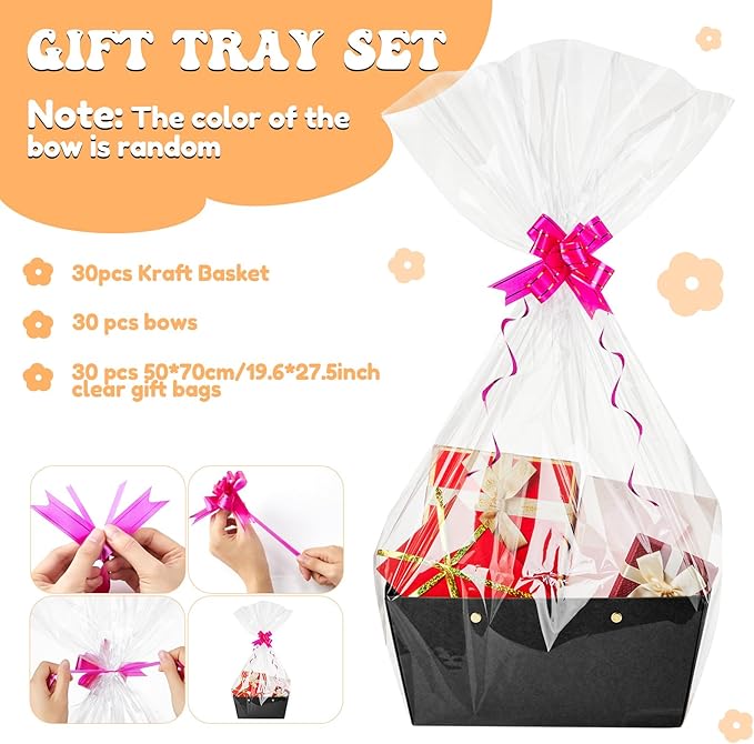 Tuanse 30 Pcs Basket for Gift Empty DIY Bulk Gift Basket Kit with Handle Kraft Cardboard Tray with 30 Bag 30 Bow Market Tray for Wedding Party(Black,9.8 x 6.5 x 4.3 in)