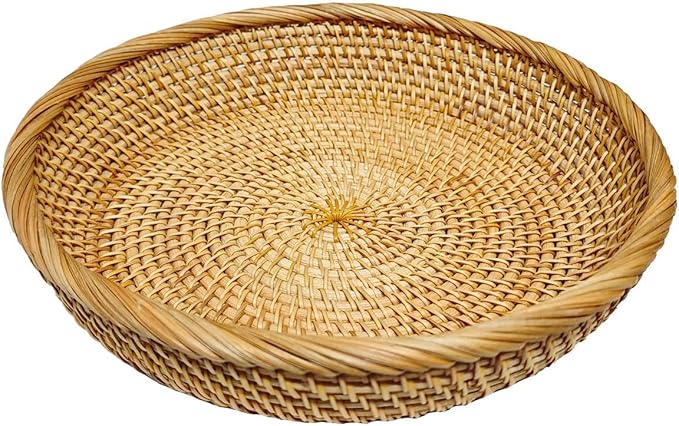 RT&BS Round Rattan Tray, Natural Rattan Decorative Tray, Christmas Food Tray, Handwoven Serving Baskets for Breakfast, Drinks, Snacks (L, Ø9.8 x 2'')
