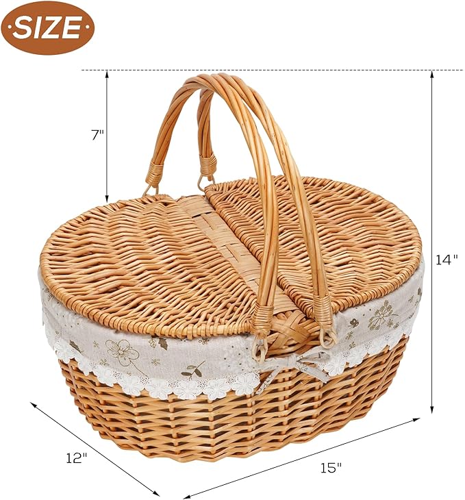 ZORMY 15" Wicker Picnic Baskets with Removable Liner, Empty Picnic Basket with Lid, Picnic Hamper with Folding Woven Handles for Picnic, Camping, Outdoor, Halloween, Thanks Giving - WhiteKapok