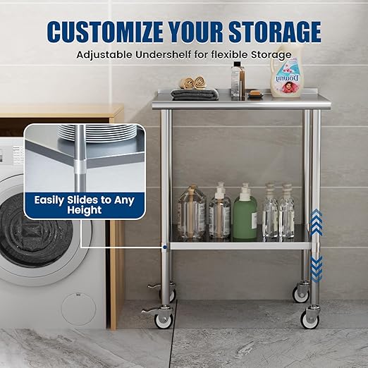Stainless Steel Work Table with Wheels, 24x30 Inch NSF Food Prep Table with Backsplash & Adjustable Undershelf for Commercial Kitchen, Restaurant, Garage, Outdoor BBQ