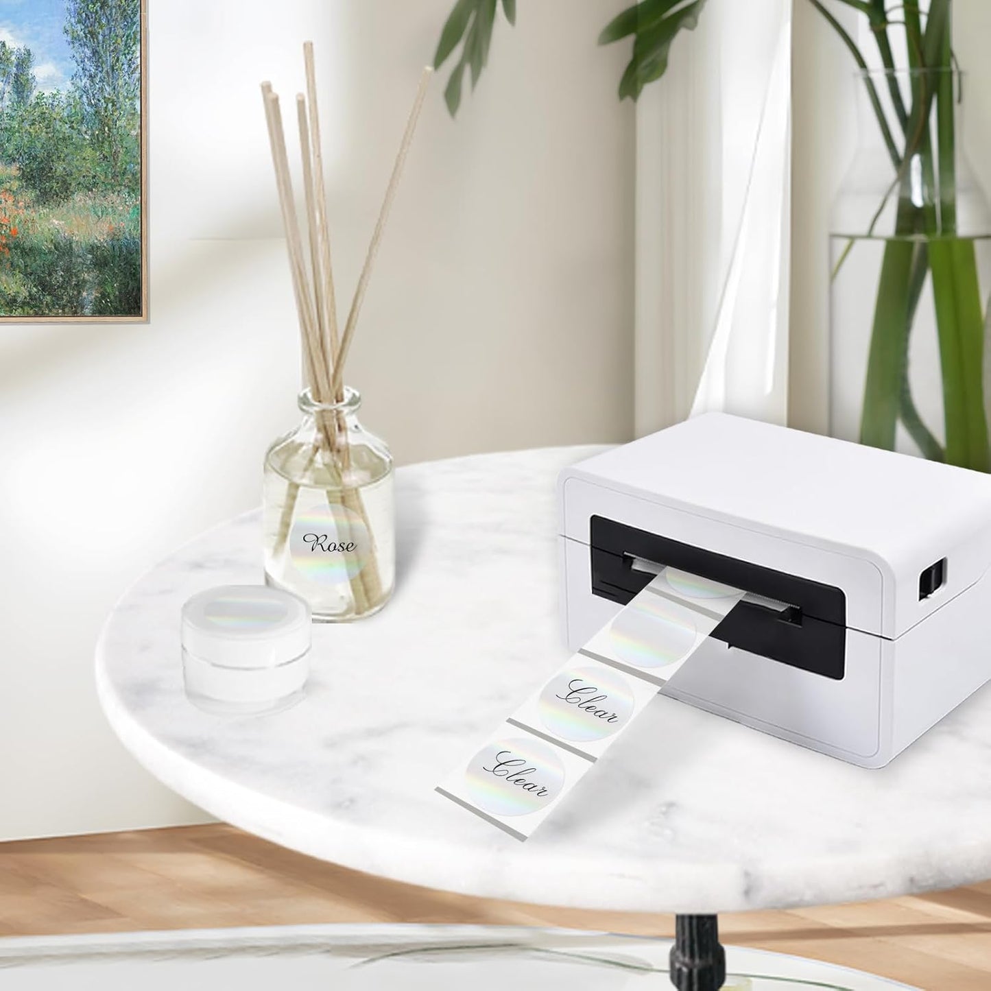 1.5" Round Transparent Thermal Label Stickers, Holographic Clear Direct Thermal Labels-Perforation Line Design& Waterproof- 300 Sheets