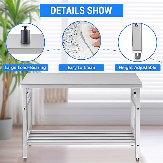 Commercial Foldable Heavy Duty Stainless Steel Table, 48 x 24 Inches Metal Prep & Work Desk with Adjustable UnderShelf and Feet for Kitchen Restaurant Home Garage Warehouse