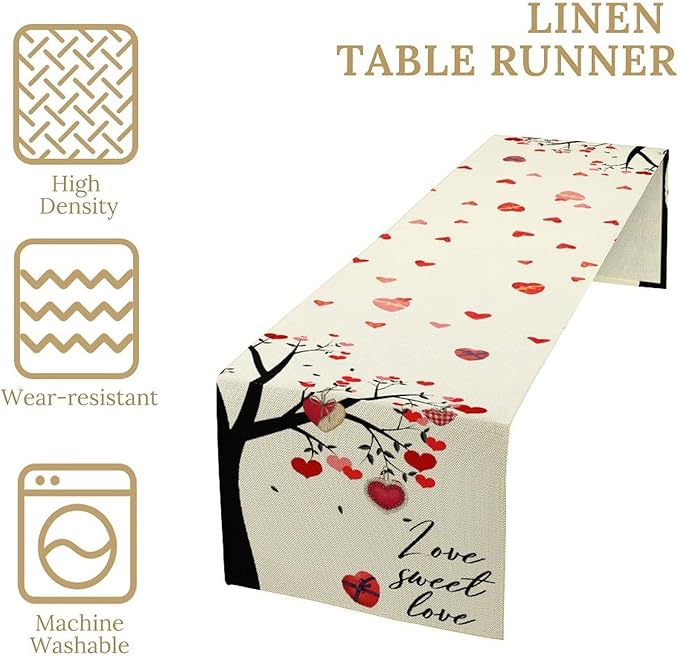 Valentines Day Table Runner,Rustic Love Tree Red Black Heart Valentines Runner for Table Seasonal Artistic Decor for Indoor Outdoor Dining Table Decorations, 13"x36"