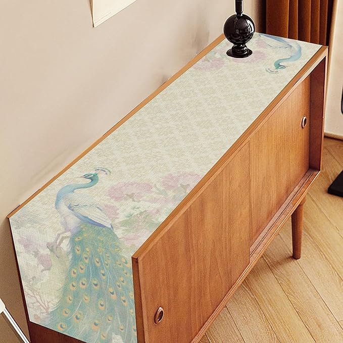 Peacock Table Runner,Rustic Traditional Chinese Style Watercolor Peacock Pink Flora Elegant Table Center Decor for Family Kitchen Table Decorations Indoor Outdoor, 13"x72"