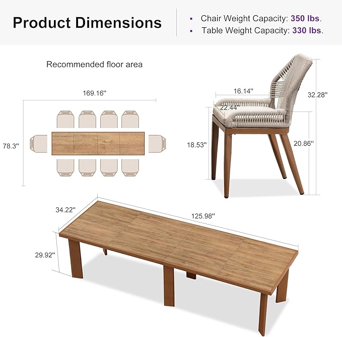 PURPLE LEAF 11 Pieces Dining Set Patio Metal Rectangular Table and Wicker Rattan Chairs for Outside Porch Garden Kitchen Modern Outdoor Furniture Sets