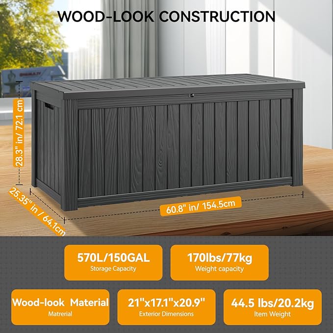 150 Gallon Outdoor Storage Box, Resin Deck Boxes Outdoor Waterproof For Patio Furniture, Garden Tools, Pool Supplies, Durable And UV Resistant, Lockable