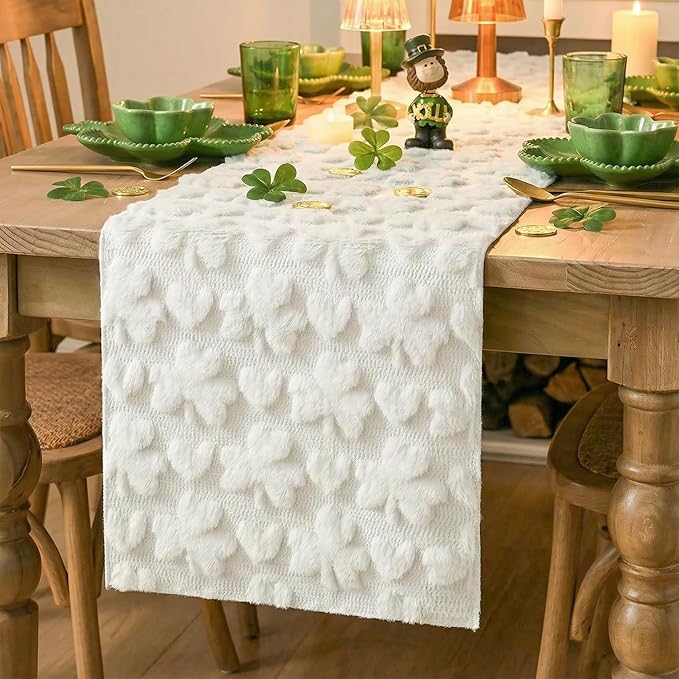 Artoid Mode White Soft Plush Faux Fur Jacquard Heart Clover St. Patrick's Day Table Runner, Seasonal Kitchen Dining Table Decoration for Home Party Decor 13x48 Inch