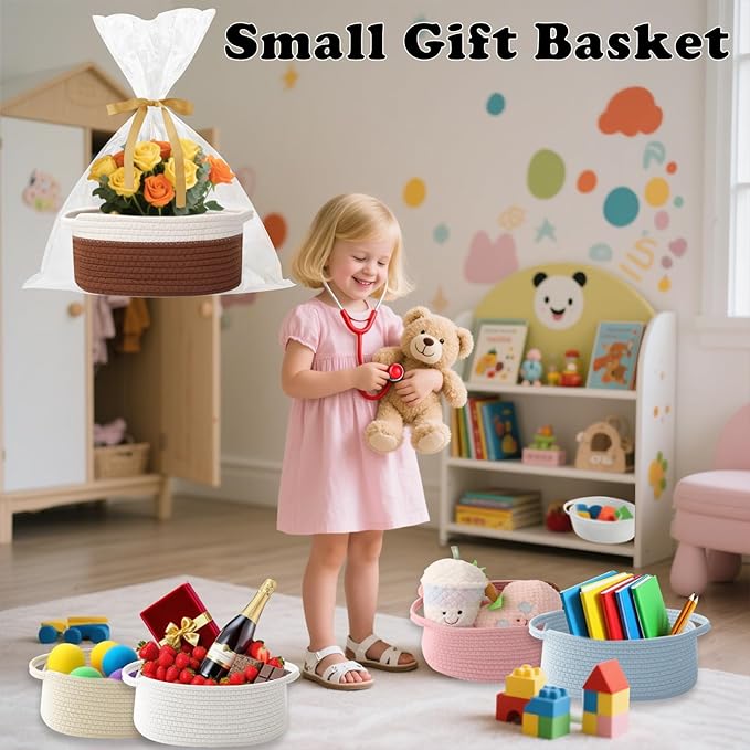 Gift Basket with Gift Bag and Ribbons,Small Rope Woven Shelf Storage,Baskets for Gifts Empty,Birthday,Baby Shower,Decorative Organizer Box with Handles(White&Brown)