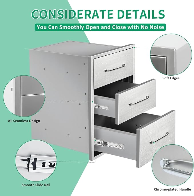 Outdoor Kitchen Drawers 15.7" W x 21.6" H x 17.7" D Stainless Steel Triple Drawers with Ergonomic Handle for BBQ Island, Patio Grill Station & Outdoor Kitchen Cabinets