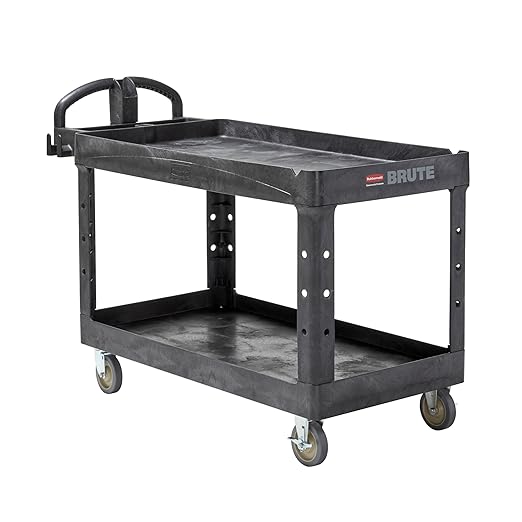 Rubbermaid Commercial Products BRUTE Heavy Duty 2-Shelf Utility/Service Cart, Medium, Lipped Shelves, Ergonomic Handle, 750 lb Capacity, Black, for Warehouse/Garage/Cleaning/Office