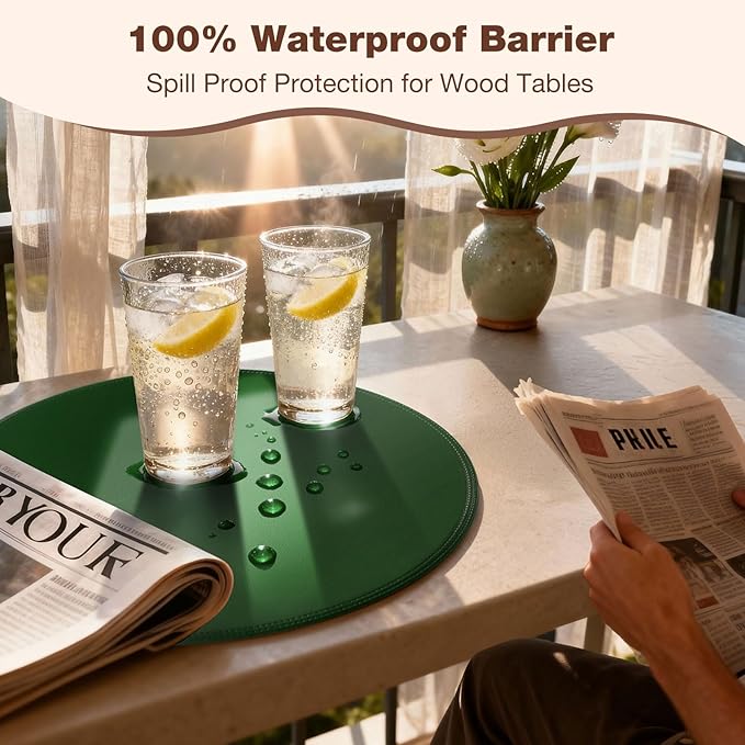 Round Vinyl Green Placemats Set of 6, Faux Leather Waterproof Wipeable Heat Resistant Place Mats, Washable Table Mats for Halloween, Thanksgiving & Christmas Dinner(Green)