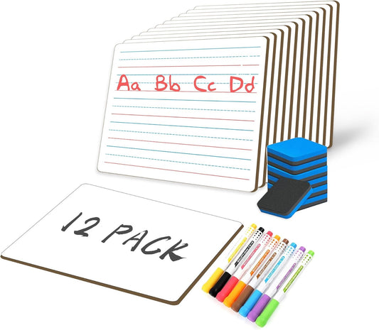 White Board Dry Erase Boards Classroom Pack Mini White Boards 9" x12” Double Sided Personal Whiteboards for Students Teachers School Supplies Lapboards (12Pack line whiteboard & Erasers & Pens)