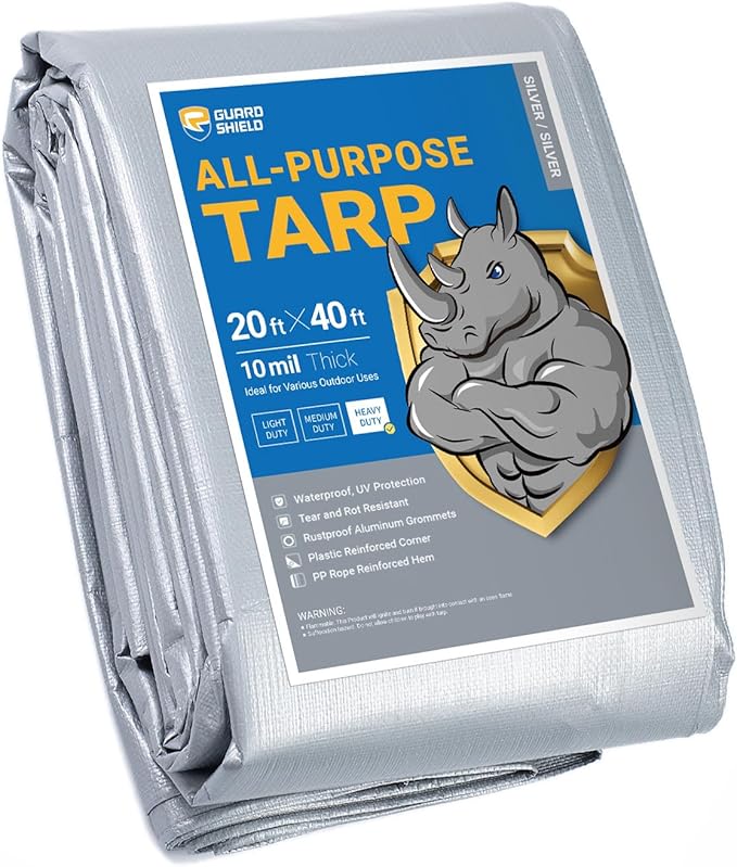 GUARD SHIELD Heavy Duty Tarp 20x40 Feet Silver Multi Purpose Thick Waterproof Poly Tarp Cover 10mil