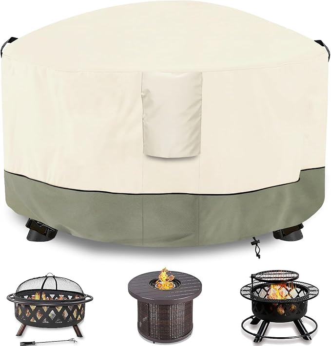 Fire Pit Cover,Outdoor Heavy Duty 600D 100% Waterproof Fire Pit Cover Round,Weatherproof Firepit Covers Round 48" Dia x 24" H,Beige