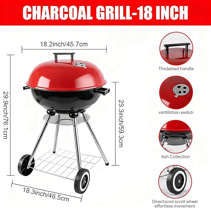 Charcoal Grills - 18 inch Portable Grills, insulated lid bbq grills, camping, picnics and backyards,red