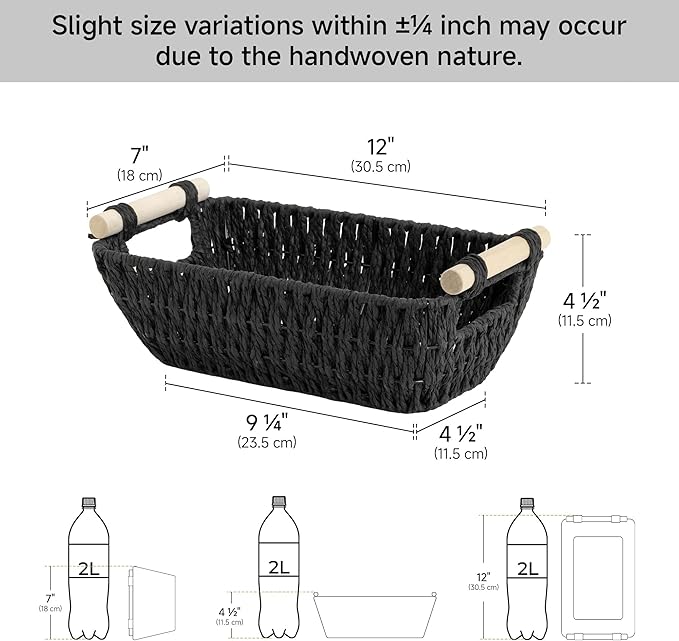 StorageWorks Black Wicker Storage Basket for Organizing with Wooden Handles, Small Woven Basket for Shelf, Toilet Paper, 2-Pack