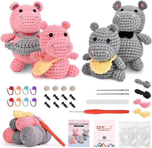 DetFinns Crochet Kit for Beginners, Crochet Starter Kits with Step-by-Step Video Tutorials, DIY Craft Kits Amigurumi Knitting Supplies, Cute Hippo (40%+ Yarn)