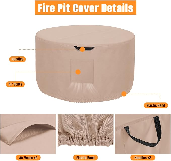 Kovshuiwe Round Fire Pit Cover-600D Fabric Waterproof and Resistant Material, Fits Outdoor For 27-30 Inch Fire Pit /Table Cover, Patio Fire Bowl Cover-30"DIA x 18"H, Khaki