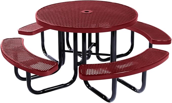 COATEDOUTDOORFURNITURE Heavy-Duty Portable Outdoor Picnic Table with Umbrella Hole, Punched Steel Commercial-Grade Patio Dining Furniture Made in America (46" Round Top, Burgundy)