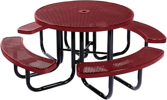 COATEDOUTDOORFURNITURE Heavy-Duty Portable Outdoor Picnic Table with Umbrella Hole, Punched Steel Commercial-Grade Patio Dining Furniture Made in America (46" Round Top, Burgundy)