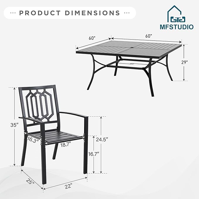 MFSTUDIO Outdoor Dining Set for 8, Metal Patio Table and Chairs Set, Patio Dning Set with Umbrella Hole, 9 Piece Outdoor Patio Furniture Set for Deck Backyard Poolside Garden