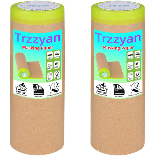 2 Roll 12Inchx50Feet Pre-Taped Masking Paper Roll - Heavy Painters Paper with Adhesive, Tear-Resistant for Auto Body, Wall Painting, Floor Protection, Furniture&DIY Projects (2, 12inch*50feet)