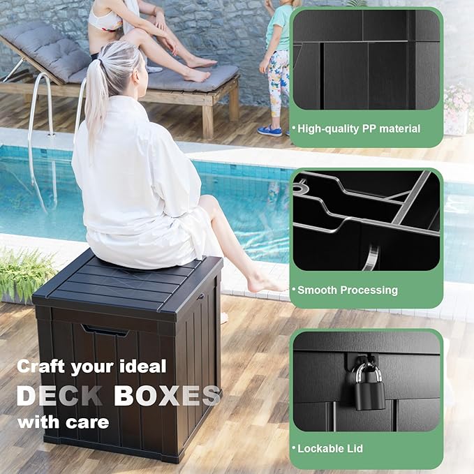 DRATO 50 Gallon Deck Box, Outdoor Storage Box for Patio Cushion, Garden Tools,Waterproof Patio Storage box, Lockable (Black，50 Gallon)