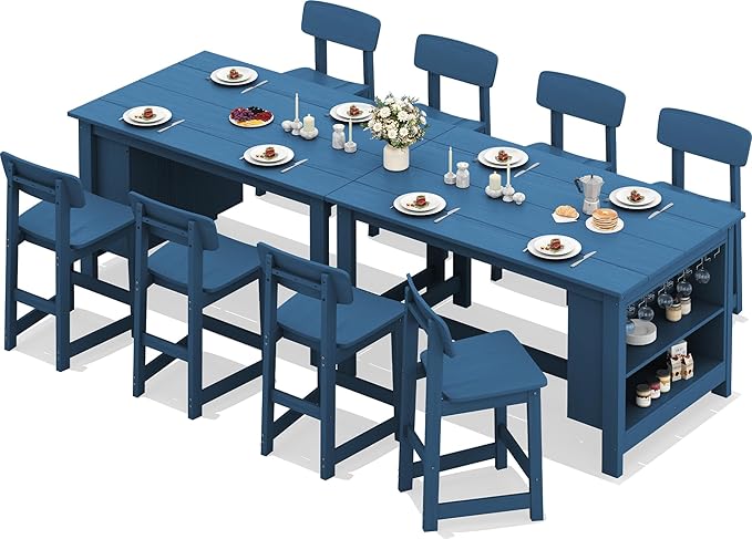 SERWALL 10-Piece HDPE Counter Height Dining Table Sets with Storage and Wine Rack, 2 Rectangular Bar Table with Bar Stools Set of 8 for Garden, Backyard, Kitchen, Blue