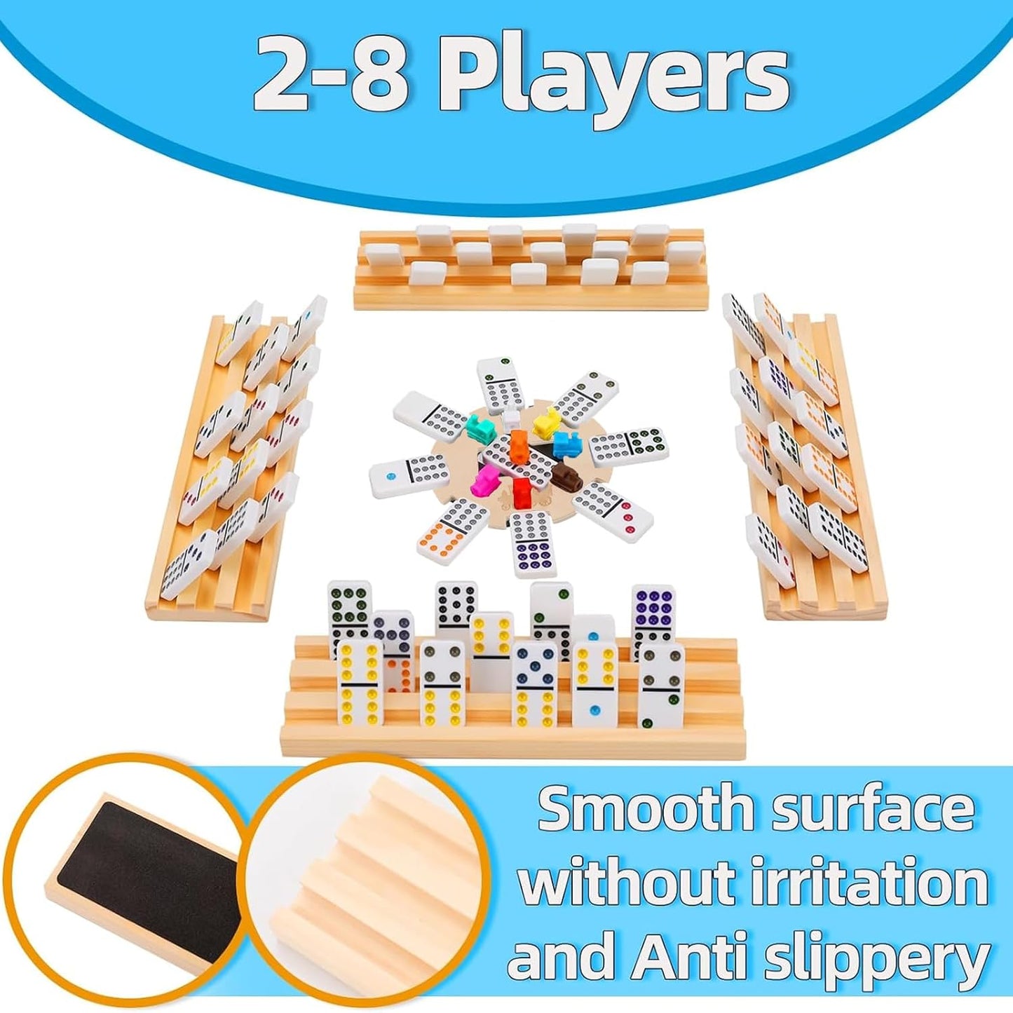 Upgraded Mexican Train Dominoes Set with 8 Wooden Holders, Double 12 Dominos Set for Kids, Adults Travel Domino Train Set with 91 Tiles and Carry Case, Classic Board Games for Family Night