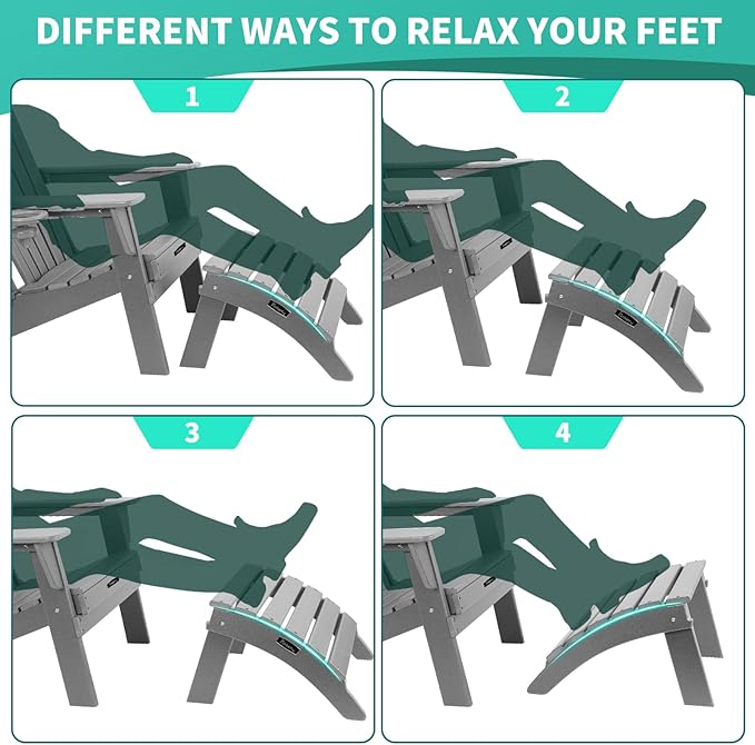 FUNBERRY Folding Adirondack Ottoman Set of 2, HDPE All Weather Outdoor Foot Rest, Easy Storage Patio Footstool, Ottomans and Footstools for Outside