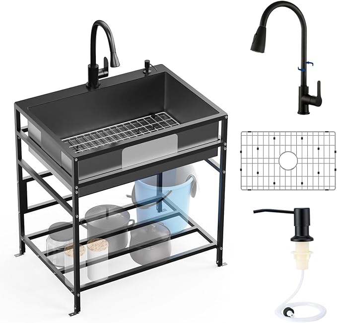 Black 30x22 Inch Freestanding Utility Sink-Stainless Steel Laundry Sink Practicality With Accessories Black Stainless Faucet,Soap Dispenser, SS Sink Grid For Laundry,Garage,Outdoor Kitchen,Garden...