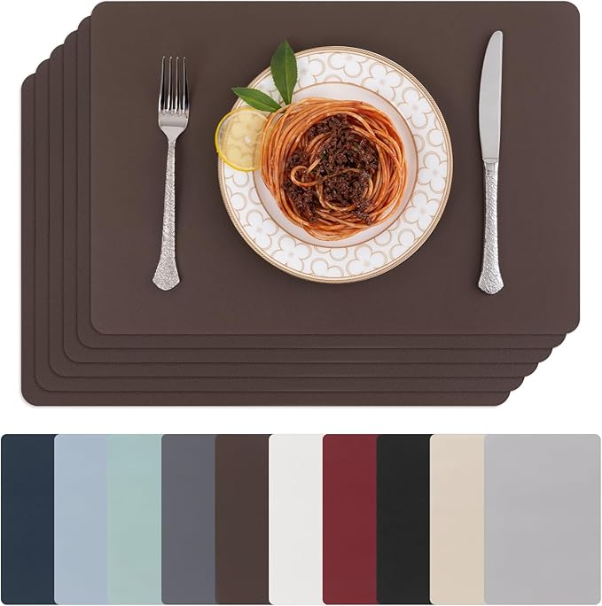 SHACOS Placemats Set of 6 Faux Leather Waterproof Leakproof Wipeable PU Non-Slip Vinyl Place Mats Heat Resistant Table Mats for Kitchen Dining Table Indoor Outdoor, Chocolate Brown