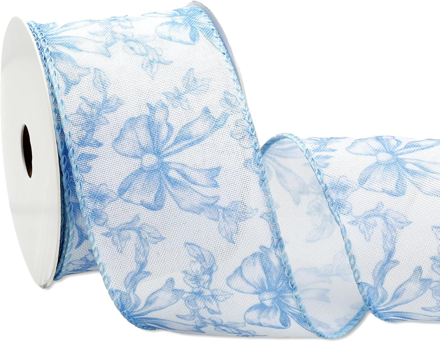 Blue Floral Bow Wired Edge Ribbon Chinoiserie Flower Bowknot Fabric Ribbon for DIY Crafts Wreath Bow Making Supplies, 12 Yard