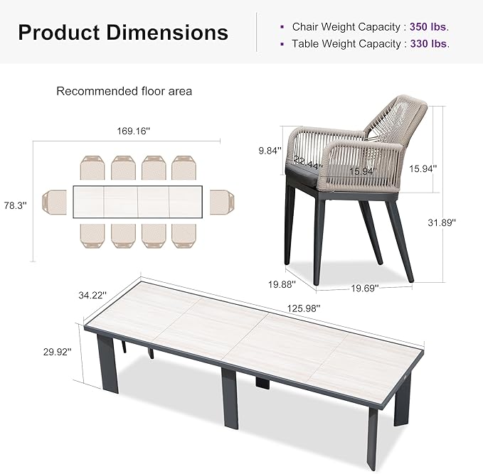 PURPLE LEAF 11 Pieces Patio Dining Set Aluminum Modern Rectangular Table and Rattan Arm Chairs with Cushions for Kitchen Porch Garden Outdoor Furniture Sets, Beige and Dark Grey