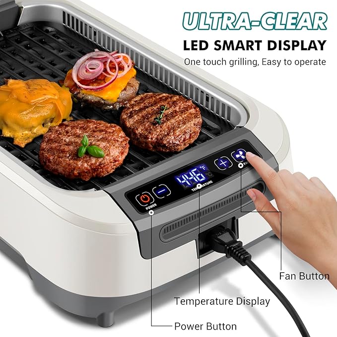 CUSIMAX Smokeless Grill, Korean Grill, 1500W Electric BBQ Grill with Tempered Glass Lid & LED Smart Display, Non-stick Removable Grill Plate, Off-White