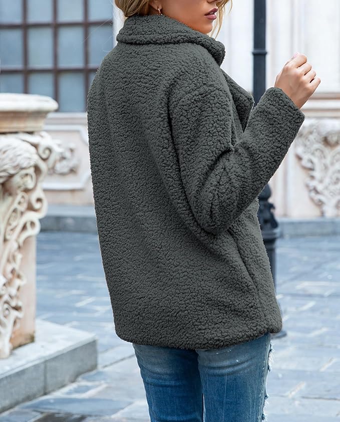 Women's Winter Warm Plush Cardigan Fuzzy Fleece Lapel Jacket with Buttons Pockets Long Sleeve Casual Outerwear