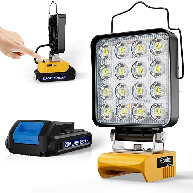 Ecarke LED Work Light Compatible with DeWALT Battery, 70W Lighting with 2Ah Battery, Portable with USB & Type C Charging Port, Cordless LED Work Light for Job Site & Outdoor