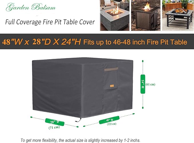 Fire Pit Cover 600D Heavy Duty Waterproof Fabric With PVC Coating 48" Wx 28" D x 24" H Dark Grey Fits for 46-48 Inch Fire Pit Table Fade Resistant Outdoor Firepit Cover