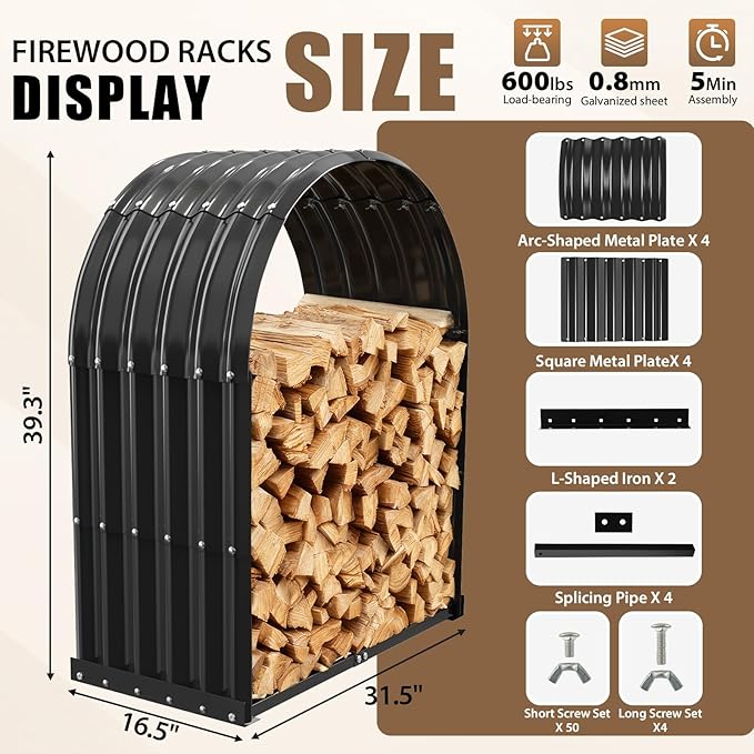 Heavy-Duty Black Firewood Storage Shed – Metal Log Holder with 32" Round Roof – Outdoor Wood Rack for Patio, Deck & Fireplace – Weatherproof Lumber Stand for Firewood (2.7FT Diameter Roof)