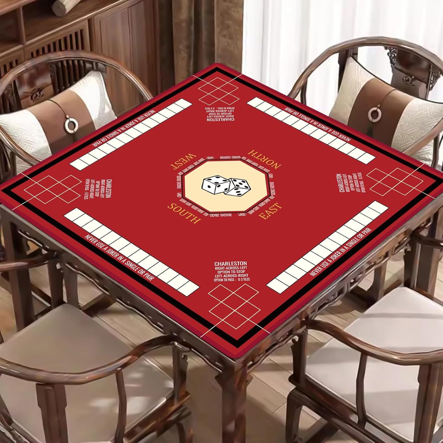 Mahjong Mat for Table 31.5''x31.5'', Mahjong Cloth Cover with Game Rules, Mahjong Tablecloth for Poker, Board Games Table Mat, Card Games, Tile Games, Dominoes (Red)