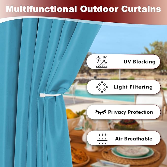 HolidayIdeas Grommet Outdoor Curtains for Patio Waterproof 8 Pcs All Weather Balcony Outside Curtains for Apartments, Gazebo, Pergolas, Porch, 54x120 Inch, Teal