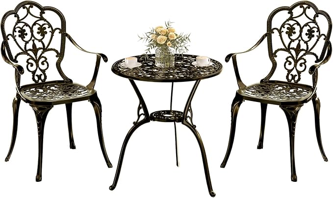 Patio Bistro Set of 2, Cast Aluminum, Outdoor Set w/Umbrella Hole, 3 Piece Table and Chairs Set, Bistro Set for Backyard/Garden/Lawn, Golden Bronze