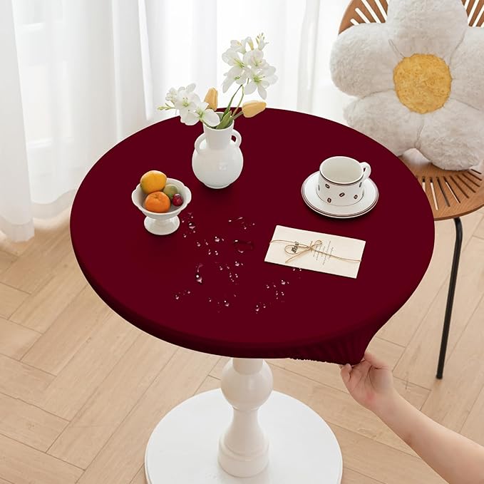 Round Fitted PU Tablecloth with High Elastic Edge 28 Inch Dia Waterproof Oil Proof Table Cloth Anti-Scald Stain-Resistant Wipeable Table Cover for Indoor Outdoor Picnic (Red,28" Dia)