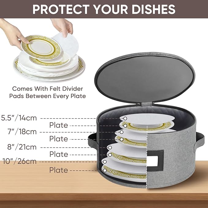 BALEINE China Storage Containers, Sturdy Quilted Wine Glass Storage, Plate Organizer with Carry Handles, Moving Boxes for Dishes, Cups, Mugs and Stemware (Plate, Hard Shell Grey)