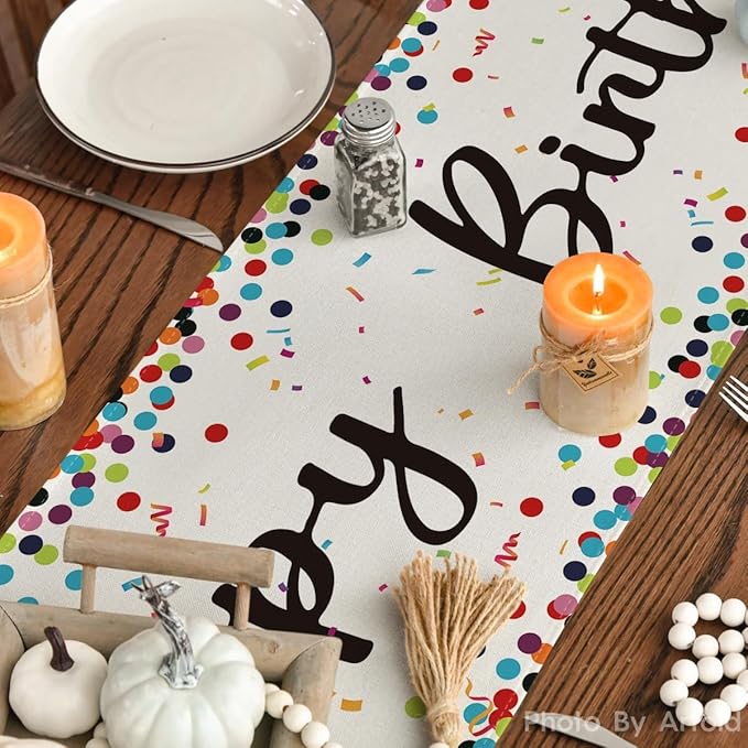 Artoid Mode Polka Dot Beige Happy Birthday Table Runner, Seasonal Kitchen Dining Table Decoration for Home Party Decor 13x90 Inch