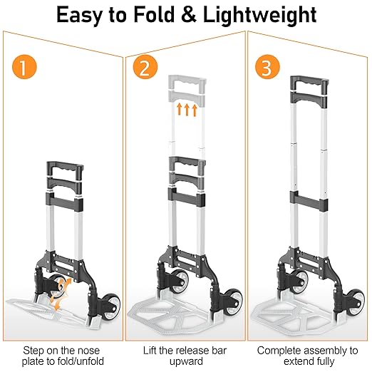 Folding Hand Truck - Aluminum Portable Dolly Cart with Telescopic Handle, Bungee Cord - Compact Lightweight Foldable Luggage Cart for Moving, Home, Auto, 180lbs, Black
